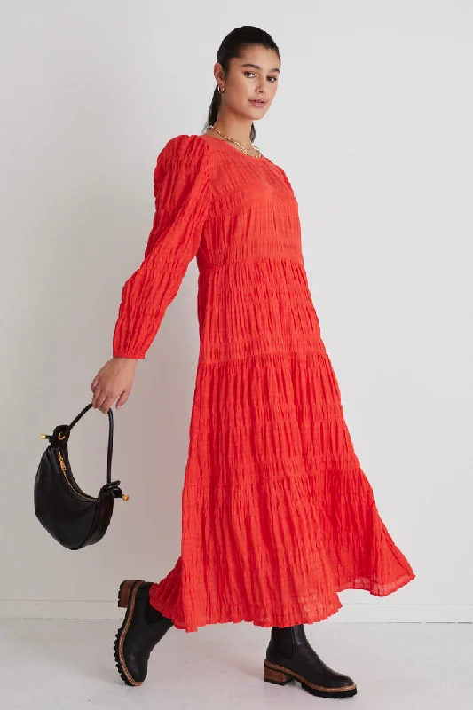 Time to Save Big!Gigi Blood Orange Shirred Cotton Ls Tiered Maxi Dress