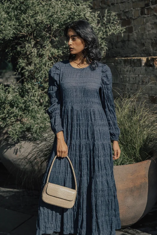 Your Shopping Spree Starts Here!Gigi Navy Shirred Cotton LS Tiered Maxi Dress