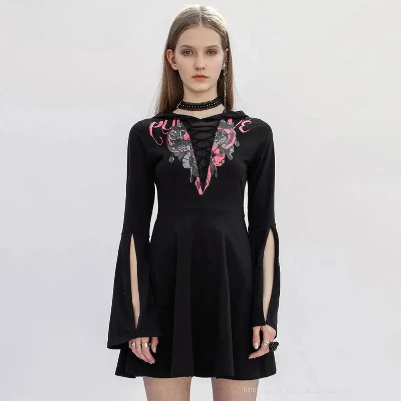 Your Discount is Waiting!Gothic V-collor Print Mesh Stitching Long Sleeve Dress