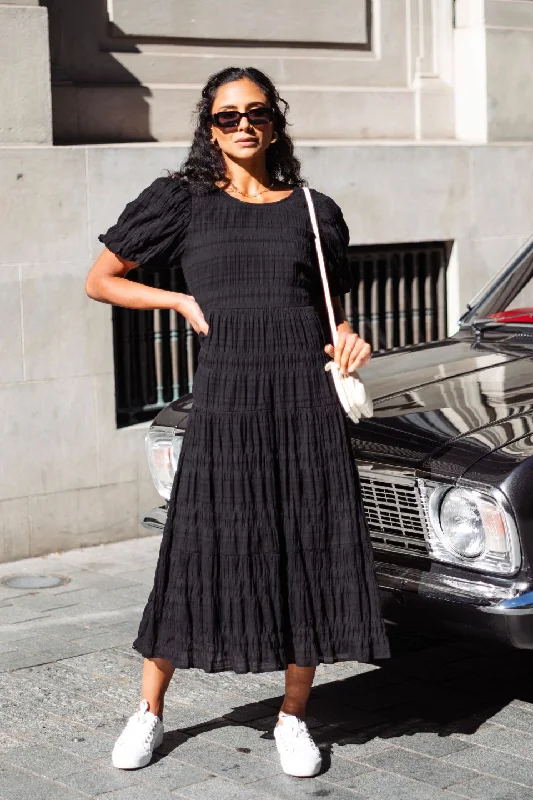 Limited-Time Price Drop!Graceful Black Shirred Cotton Bubble Sleeve Tiered Maxi Dress
