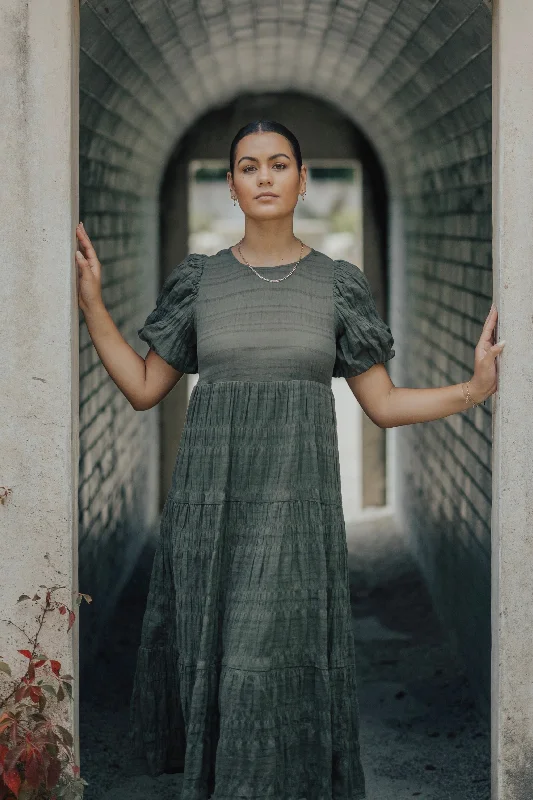 Save Money, Shop Happy!Graceful Khaki Shirred Cotton Bubble Sleeve Tiered Maxi Dress