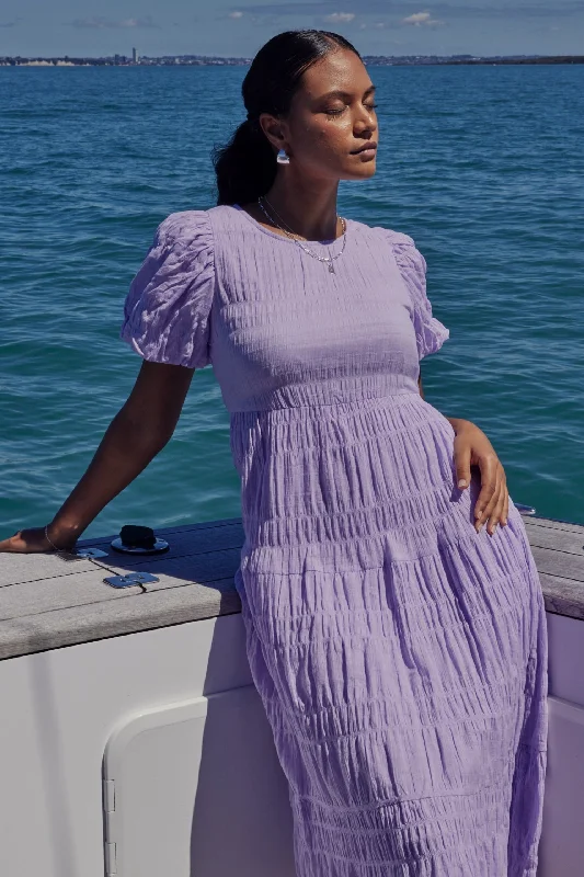 Everything Must Go!Graceful Lilac Shirred Cotton Bubble Sleeve Tiered Maxi Dress