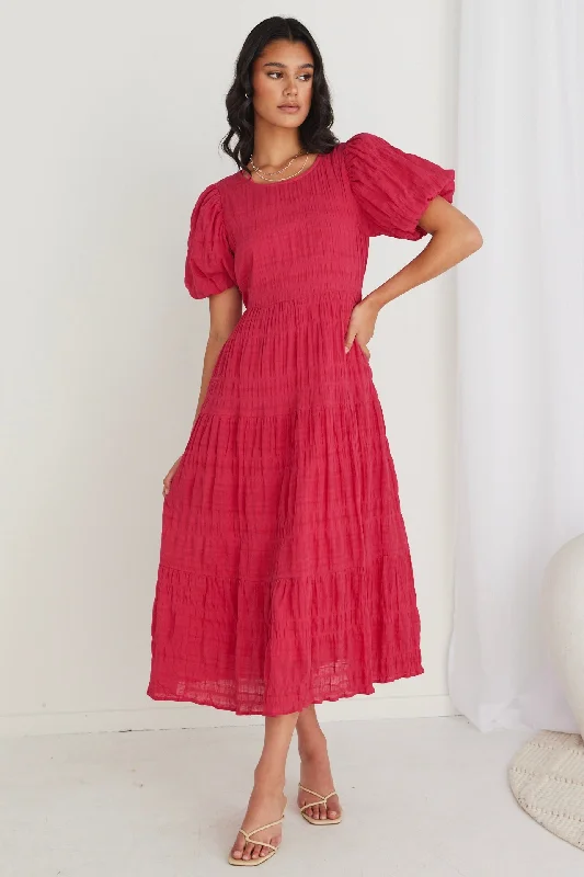 Shop Smart, Save Big!Graceful Raspberry Shirred Cotton Bubble Sleeve Tiered Maxi Dress