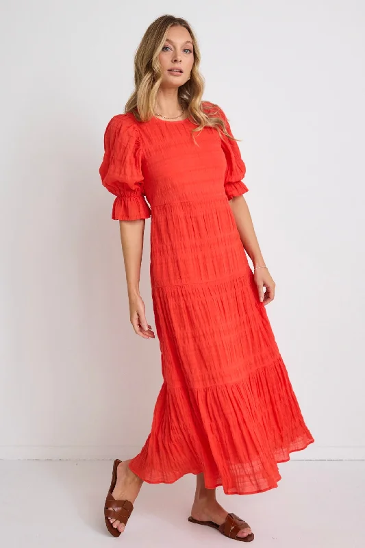 Score Huge Discounts Today!Gratitude Blood Orange Bubble SS Tiered Maxi Dress