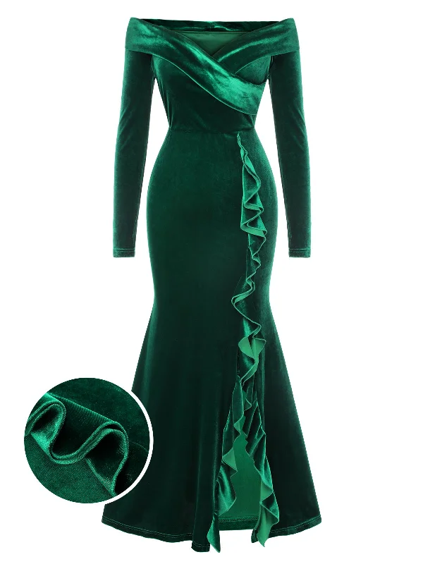 Get the Best for Less!Green 1930s Velvet Off-Shoulder Ruffle-Trim Mermaid Dress