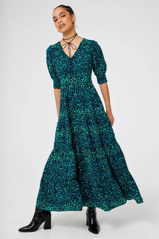 Best Offers of the Month!Green with Black Wild Leopard Maxi Dress