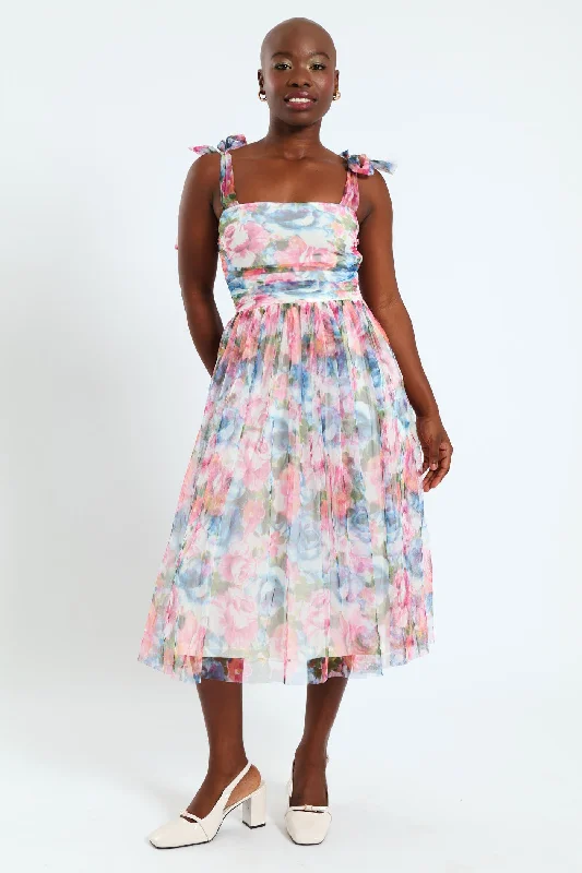 Buy One, Get One Free!Gauged Mesh Bodice Tie Strap Prom Dress - Multi