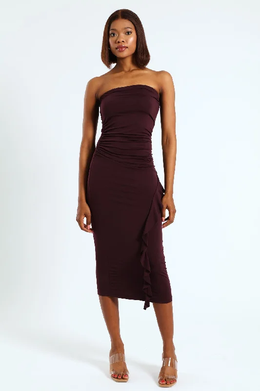 Limited Time Offer!Guaged Waist Side Frill Strapless Dress - Wine