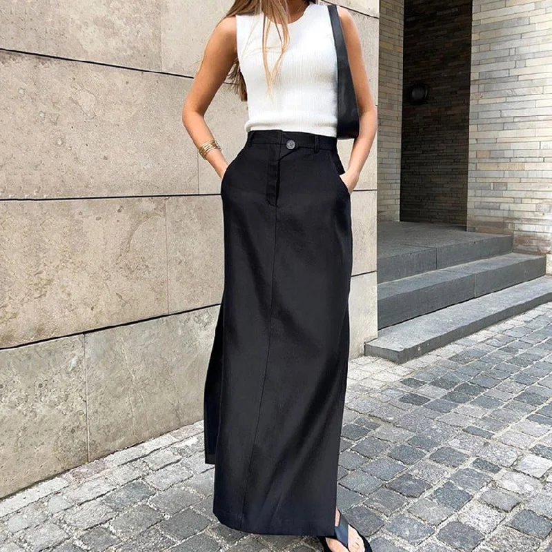 Flash Sale – Act Fast!High-waisted Draped Skirt Black Cotton Silk Dress with Slits