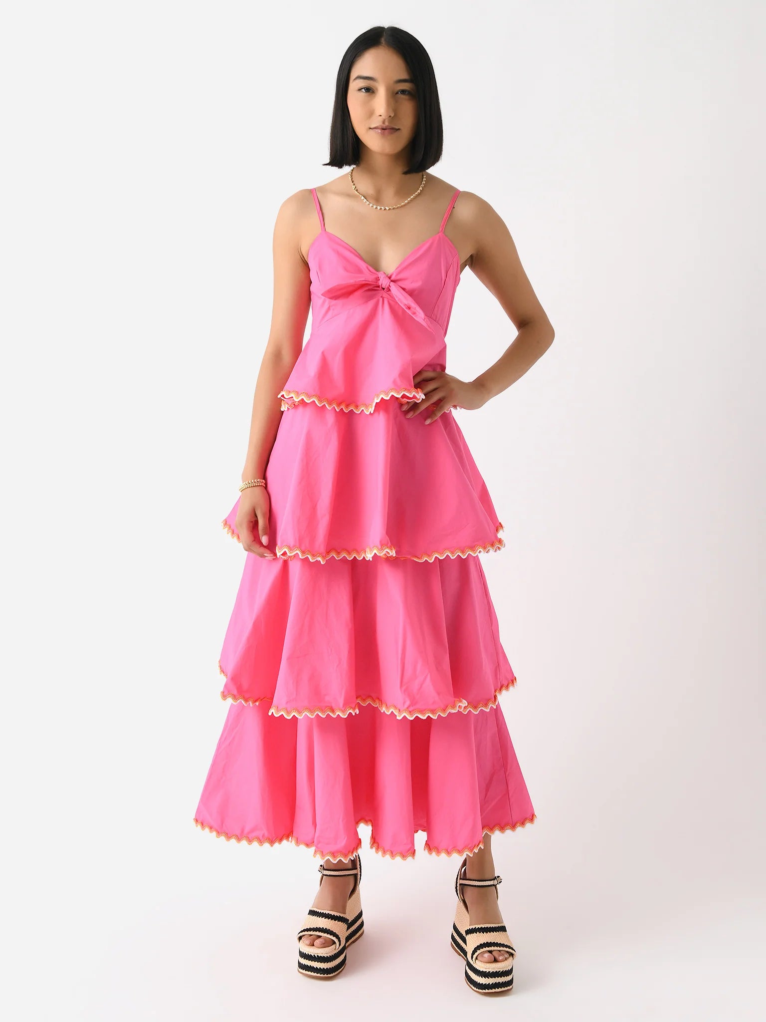 The Best Offers Are Here!Hot Pink Tiered Maxi Dress with Contrast Trim