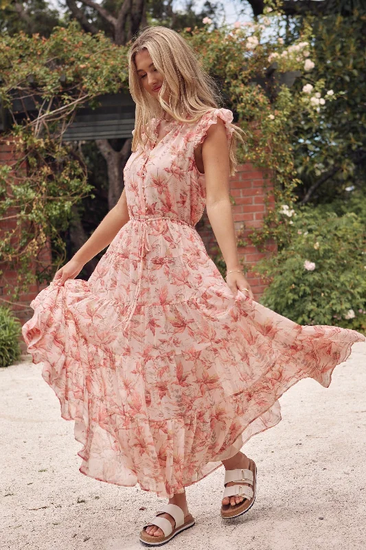 Shop the Hottest Deals!Infatuation Peach Paradise Floral Flutter Sleeve Tiered Maxi Dress Shop the Hottest Deals!Infatuation Peach Paradise Floral Flutter Sleeve Tiered Maxi Dress