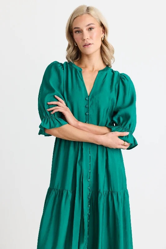 New Discounts Just Dropped!Irresistible Pine SS Button Front Tiered Maxi Dress
