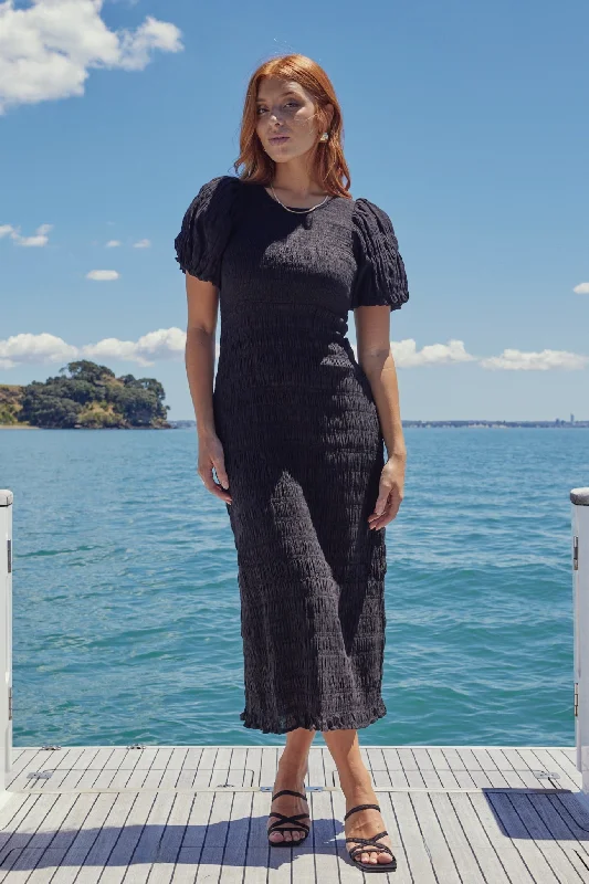 Your Exclusive Offer Awaits!Jade Black Shirred Cotton Puff Sleeve Ruched Maxi Dress