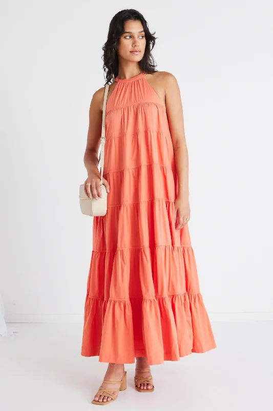 Today Only – Don’t Miss It!Kaye Watermelon Sleeveless High Neck Tiered Maxi Dress