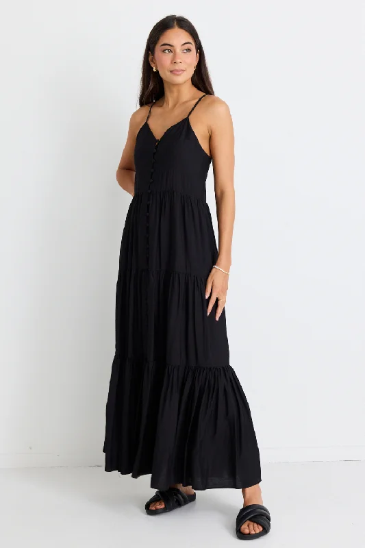 Time to Snag a Bargain!Lilibet Black Strappy Button Front Maxi Dress