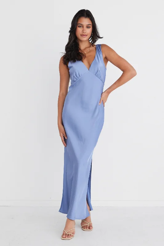 Save Up to 50% Off!Mable Slate Satin Sleeveless Empire Tie Back Maxi Dress