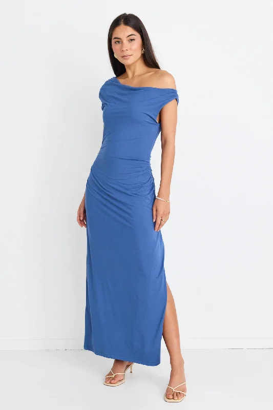 The Best Offers Are Here!Magic Mid Blue Jersey Off Shoulder Maxi Dress
