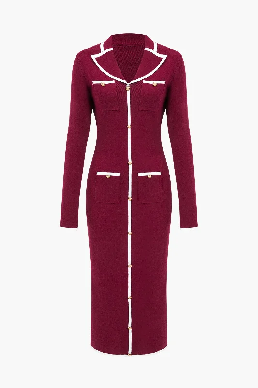 Best Price of the Season!Knit Long Sleeve Button Pocket Dress