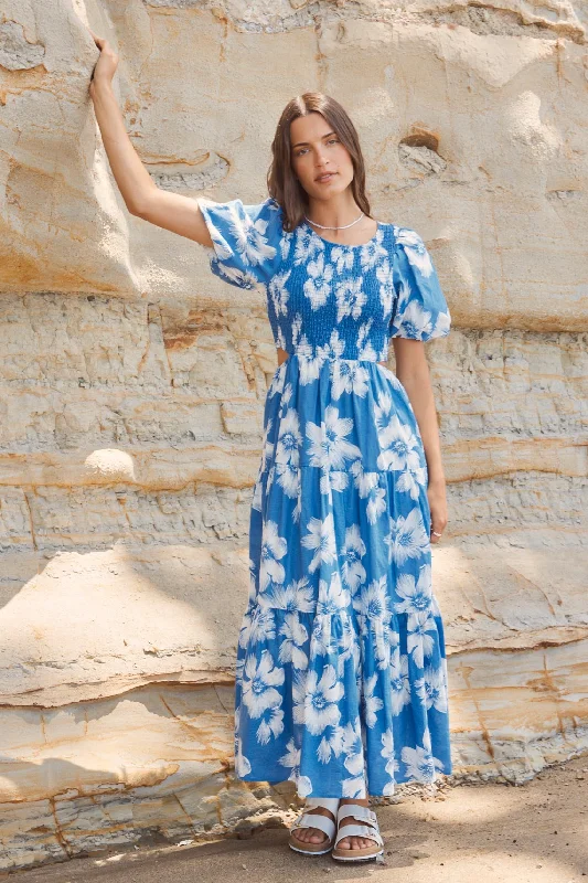 Exclusive Savings This Week!Milano Blue Hibiscus Bubble Sleeve Tiered Maxi Dress
