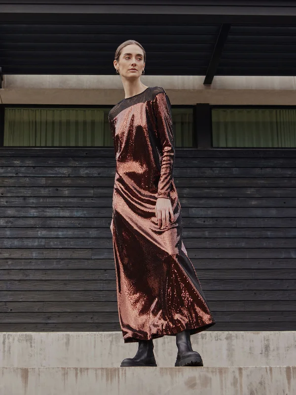 Save Money, Shop Happy!Modern Fit Sheer Shoulder Sequin A-Line Maxi Dress