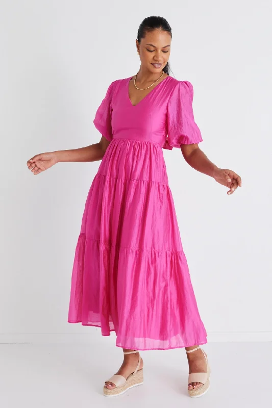 Biggest Sale of the Season!Musical Hot Pink Tie Back Puff Sleeve Maxi Dress