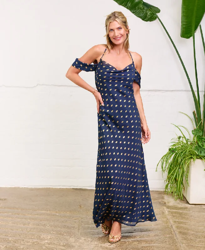 Biggest Sale of the Season!Navy Foil Cold Shoulder Maxi Dress