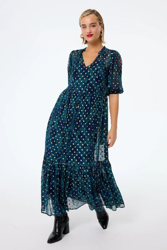 Flash Sale – Act Fast!Midnight with Teal Snake Print Chiffon Tiered Maxi Dress