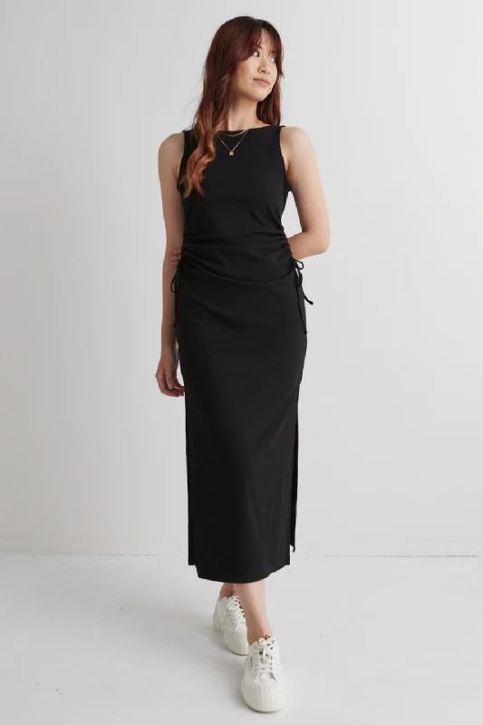 Your Chance to Save is Now!Night Out Black Rib Rouched Sleeveless Maxi Dress