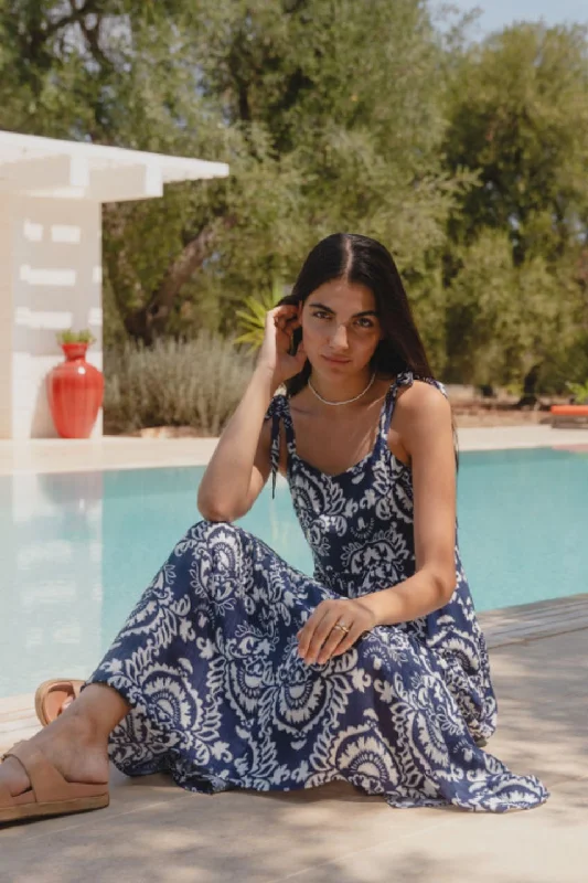 Score Big Savings Today!Nimbus Navy Tile Print Strappy Tiered Maxi Dress