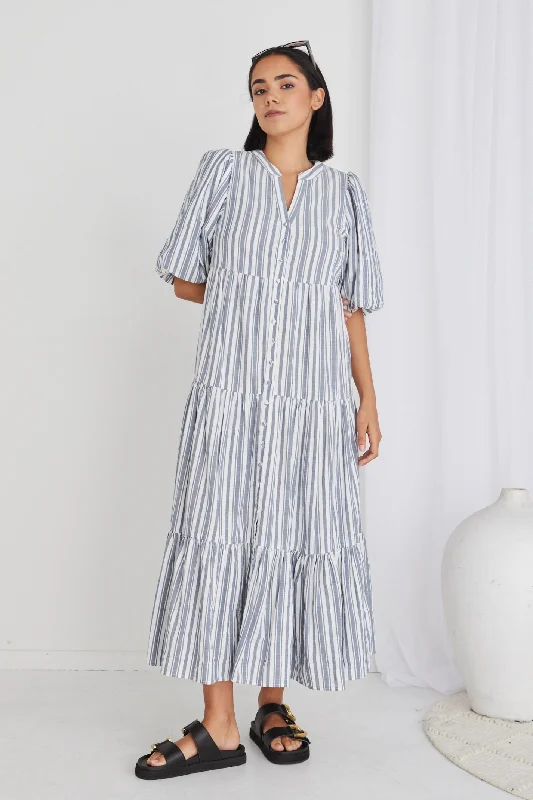 Buy More, Save More!Noya Navy Stripe Puff Ss Buttoned Tiered Maxi Dress