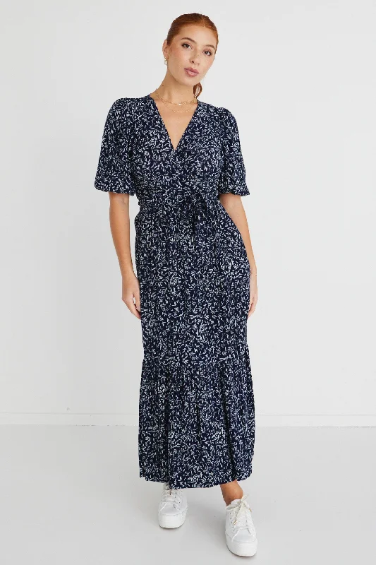Stock Up and Save!Ocean Navy Leaves SS Wrap Maxi Dress