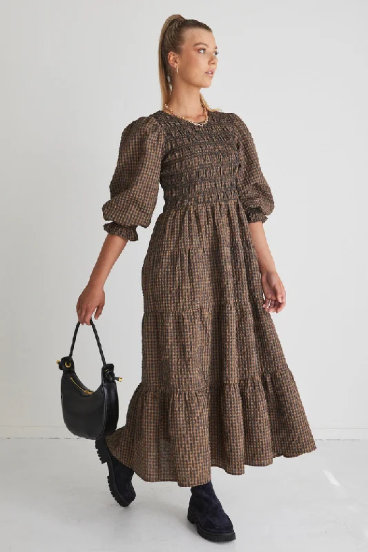 Unmissable Offers Await!Piper Toffee Gingham Shirred Bodice Tiered Maxi Dress