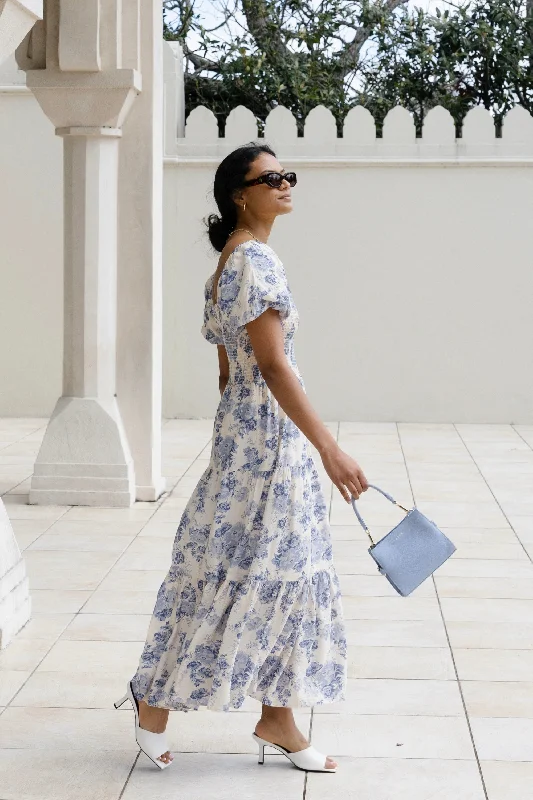 Exclusive Offers You’ll Love!Raven Blue Floral Puff Sleeve Tiered Maxi Dress