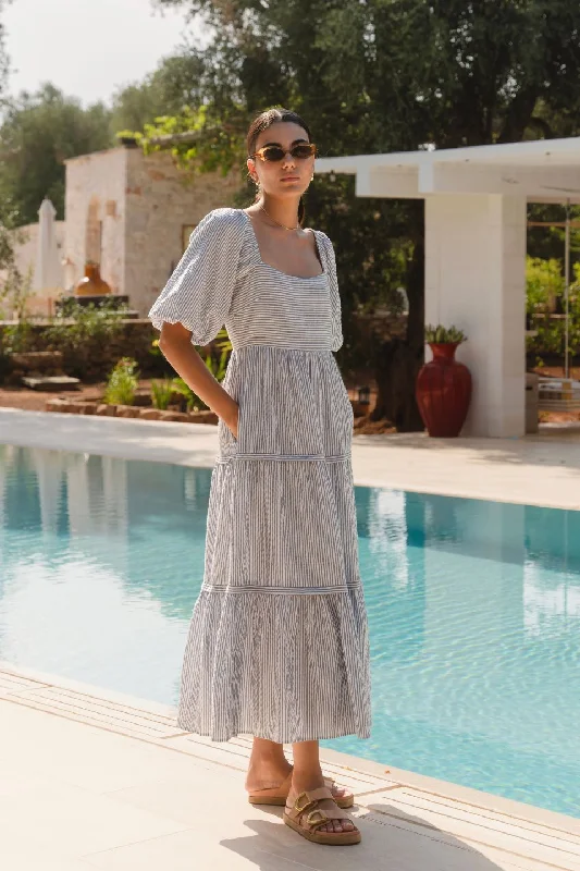 Steals and Deals Await!Sparrow Blue Stripe Puff Short Sleeve Tiered Maxi Dress
