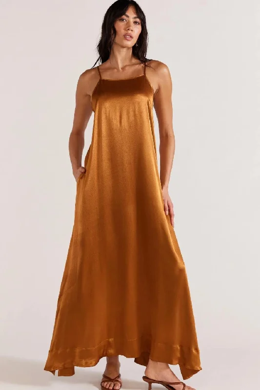 Time to Snag a Bargain!Rayna Copper Satin Strappy Maxi Dress