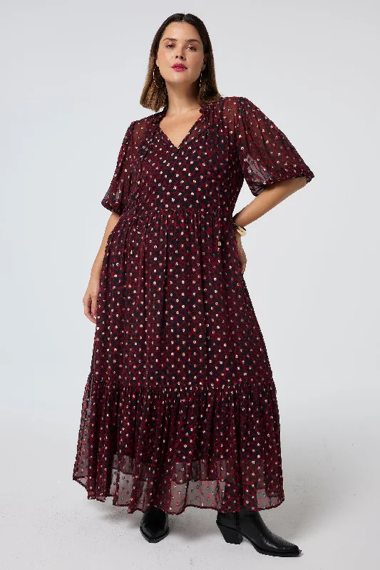 Don't Miss Out!Red with Black and Gold Foil Chiffon Tiered Maxi Dress