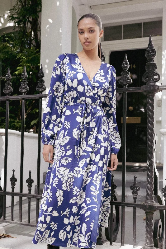 Upgrade for Less!Resonance Blue Floral Satin LS Wrap Maxi Dress
