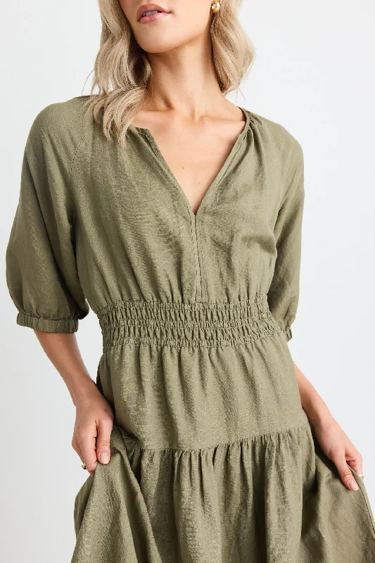 The Best Sale of the Year!Retreat Soft Khaki Linen Blend SS Tiered Maxi Dress