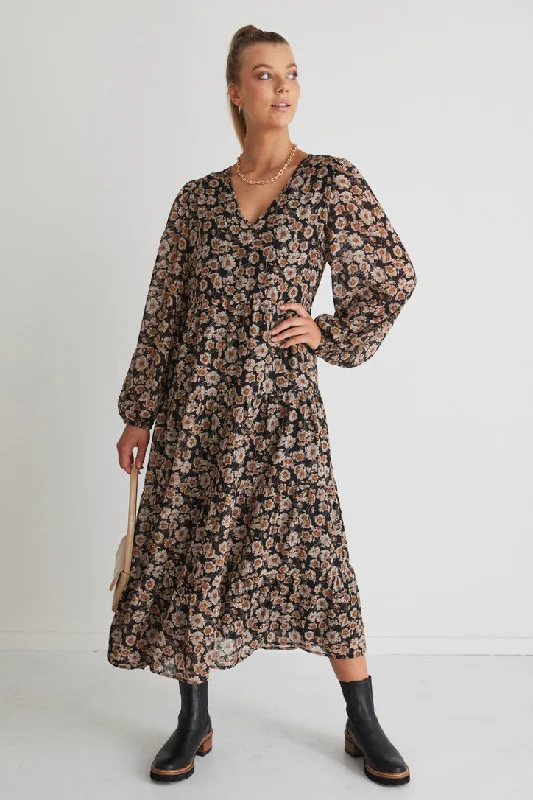 Get Ready to Save!Rory Black Gold Floral Ls V Neck Tiered Maxi Dress