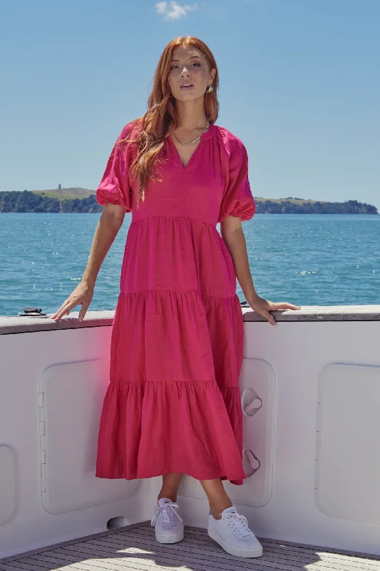Bigger Savings, Better Shopping!Santorini Raspberry Linen Puff Ss V-Neck Tiered Maxi Dress
