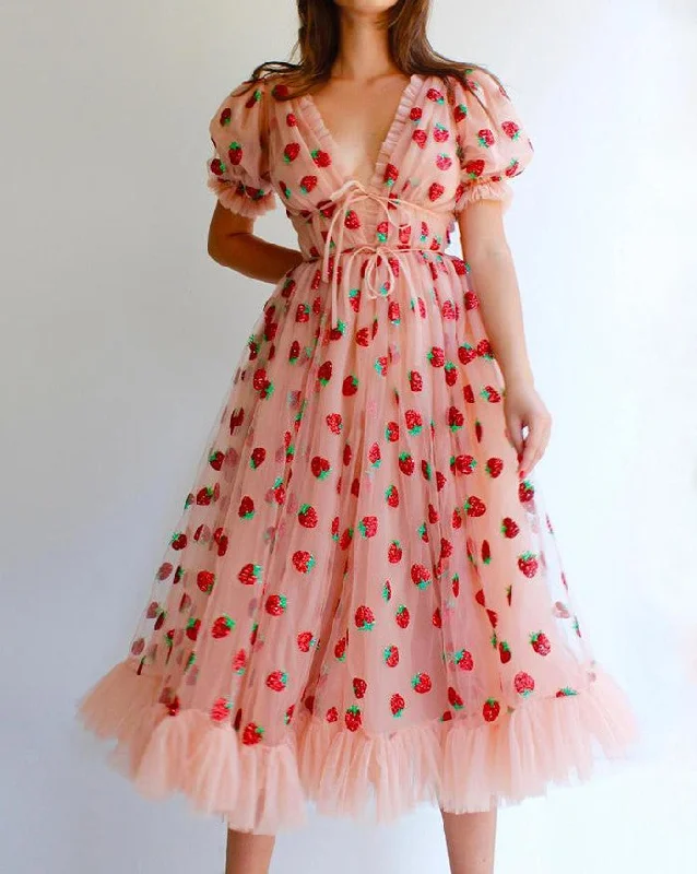 Best Price of the Season!BerryBetty - Sequined Strawberry Mesh Pleated Maxi Dress