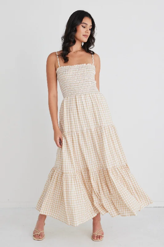 Great Deals, Just for You!Serenity Sand Gingham Strappy Shirred Bodice Tiered Maxi Dress