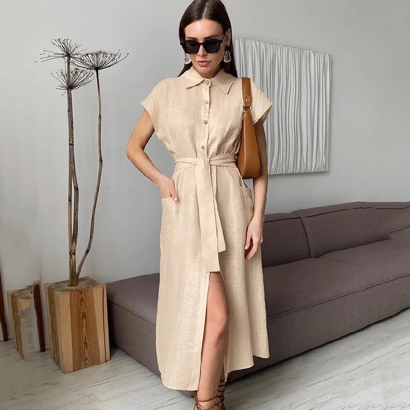 Enjoy Huge Discounts Now!Sleeveless Cotton and Linen Dress with High Waist and Long Straight Skirt - Ideal for a Stylish Summer Look