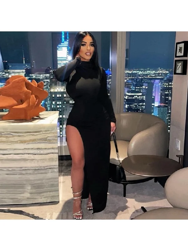 One Click Away from Big Savings!Solid Mock Neck Backless Long Sleeves Dress