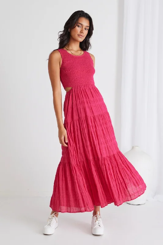 Crazy Discounts Inside!Sorella Raspberry Shirred Cotton Sleeveless Waist Cut Out Tiered Maxi Dress