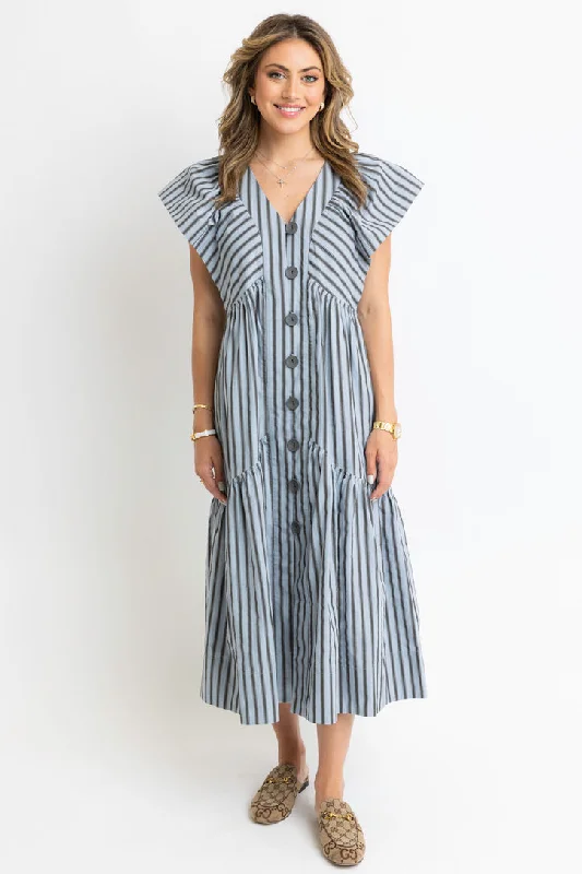Limited-Time Price Drop!Stripe Vneck Button Maxi Dress