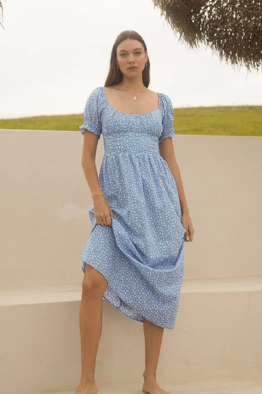 Hottest Discounts of the Year!Tara Blue Floral Puff Sleeve Maxi Dress