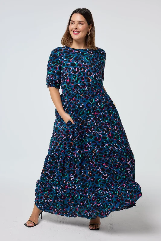 Must-Have Deals Inside!Teal with Rainbow Shadow Leopard Maxi Dress