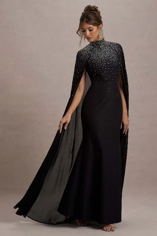 Shop Before It’s Gone!The Shallows | Black Embellished High-Neck Maxi Dress With Chiffon Cape