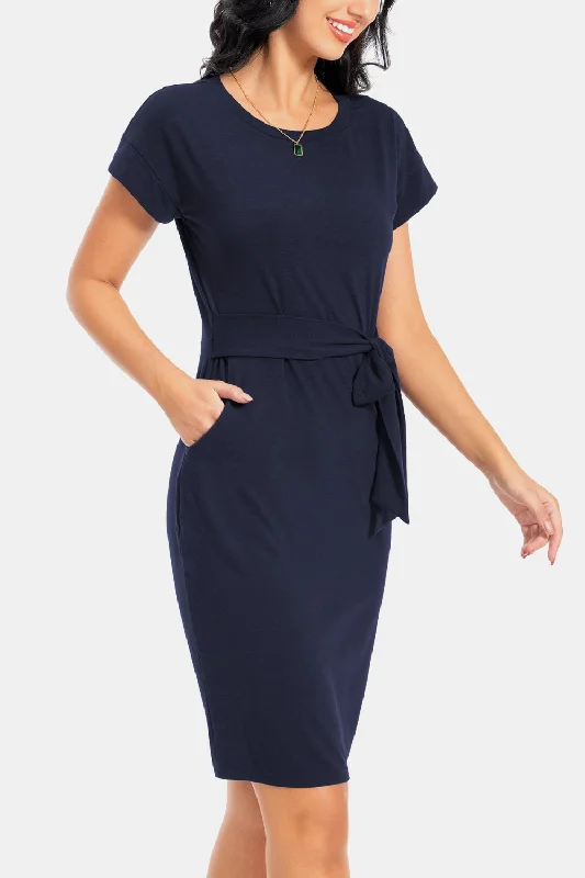 Buy More, Pay Less!Tie Front Round Neck Short Sleeve Dress